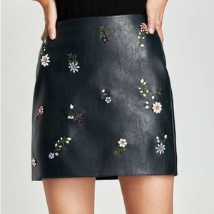 ZARA Floral Beaded Black Leather Skirt